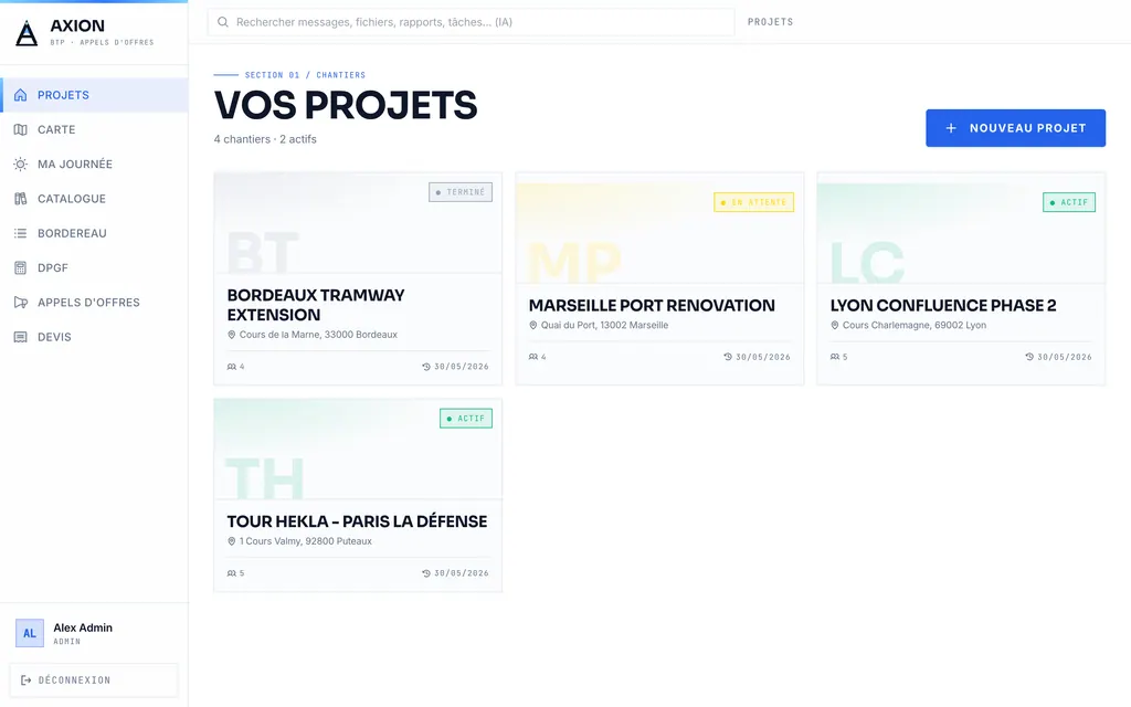Vue des projets : quatre chantiers avec statut, adresse et taille d’équipe