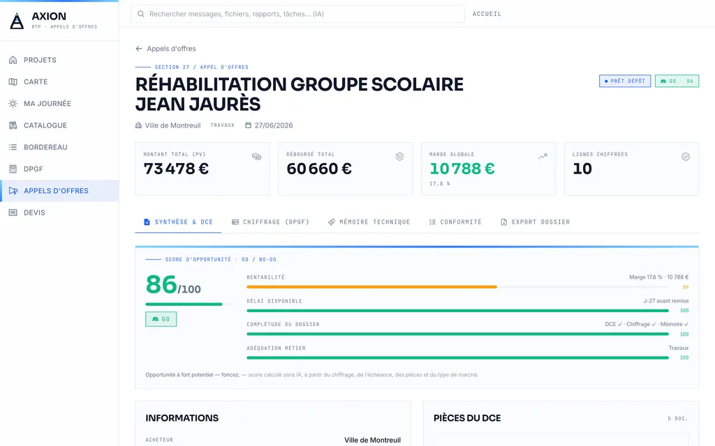 Dossier d’appel d’offres avec montants, marge et score d’opportunité de 86 sur 100