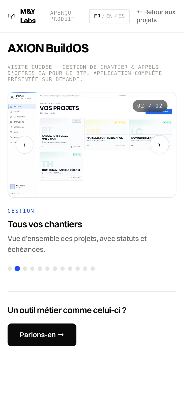 Visite guidée sur mobile montrant la capture des projets et sa légende