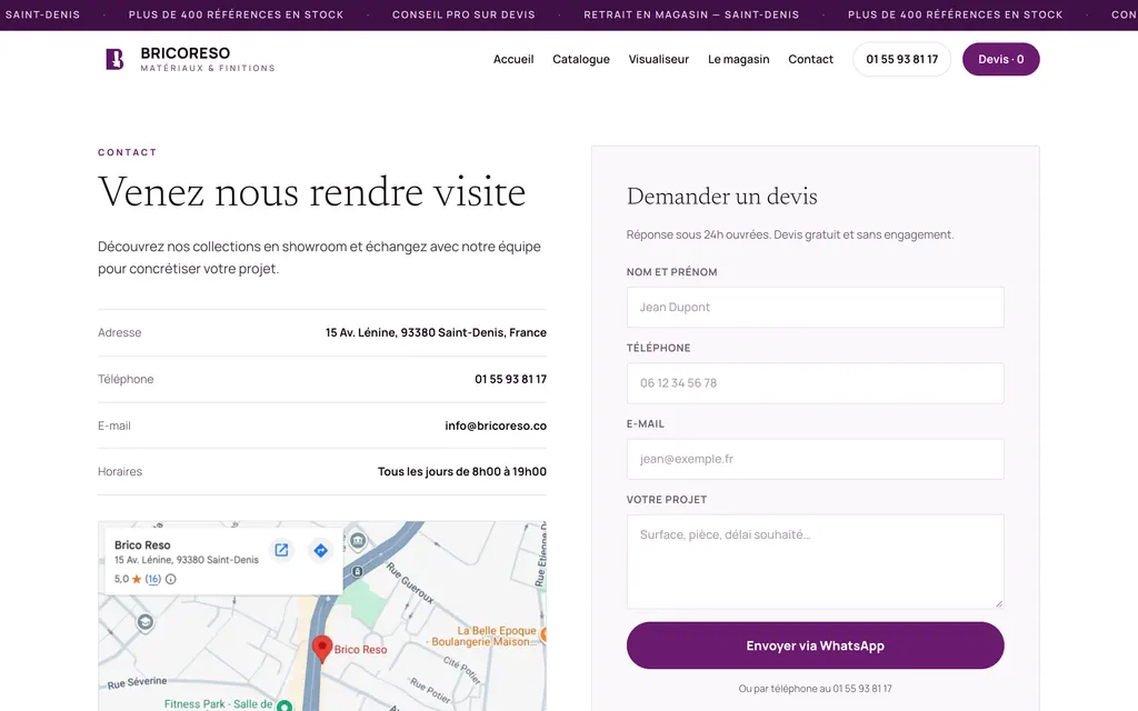 Page contact avec adresse, horaires, plan d’accès et formulaire de devis à envoyer par WhatsApp