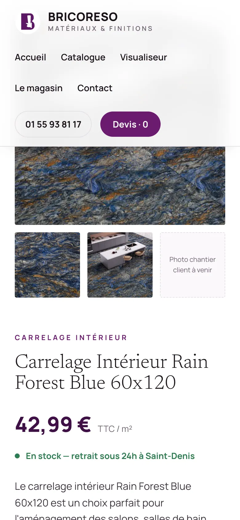 Fiche produit sur mobile avec photos, nom du carrelage et prix au mètre carré