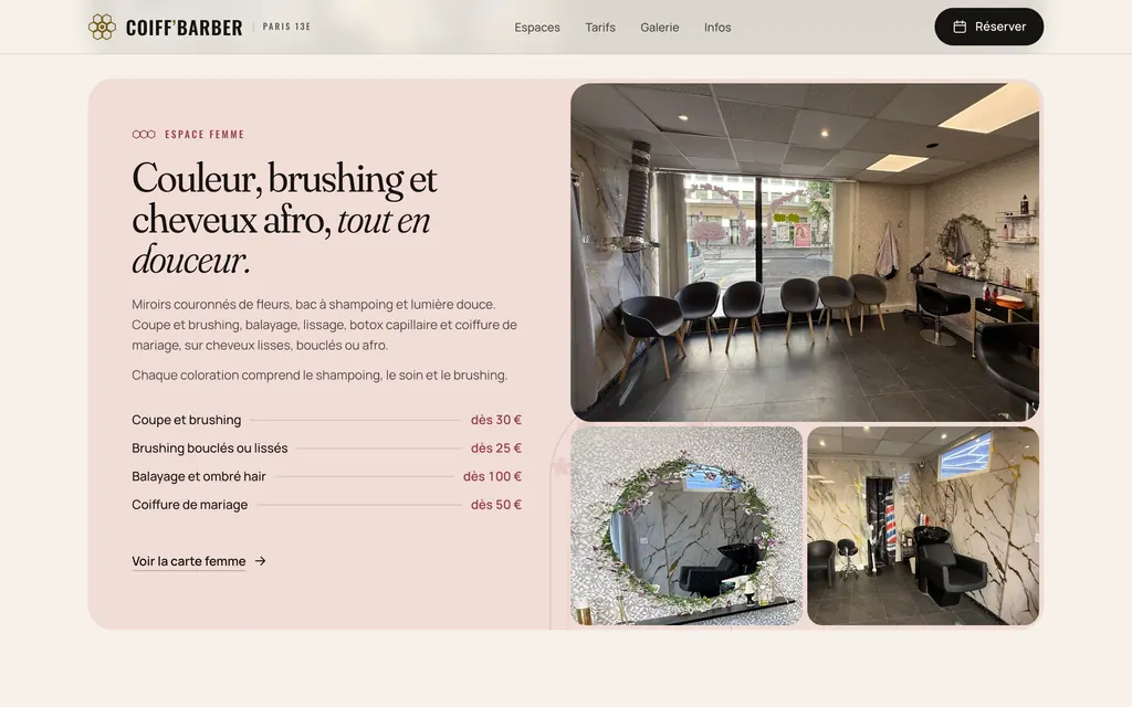 Espace femme : trois photos de la salle, description, quatre prix et lien vers la carte