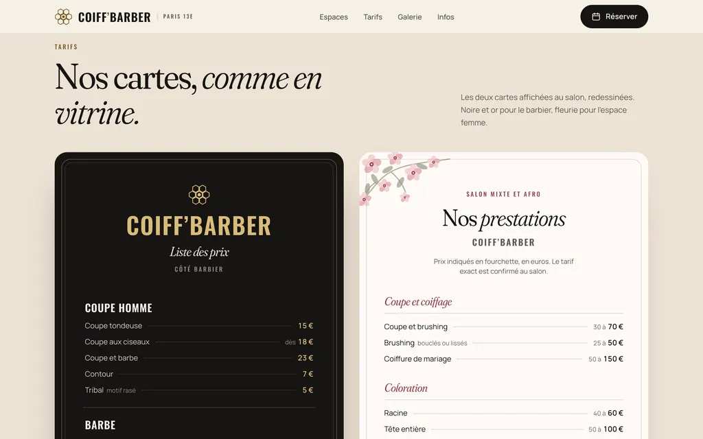 Tarifs : carte noire et or du barbier à côté de la carte fleurie de l’espace femme