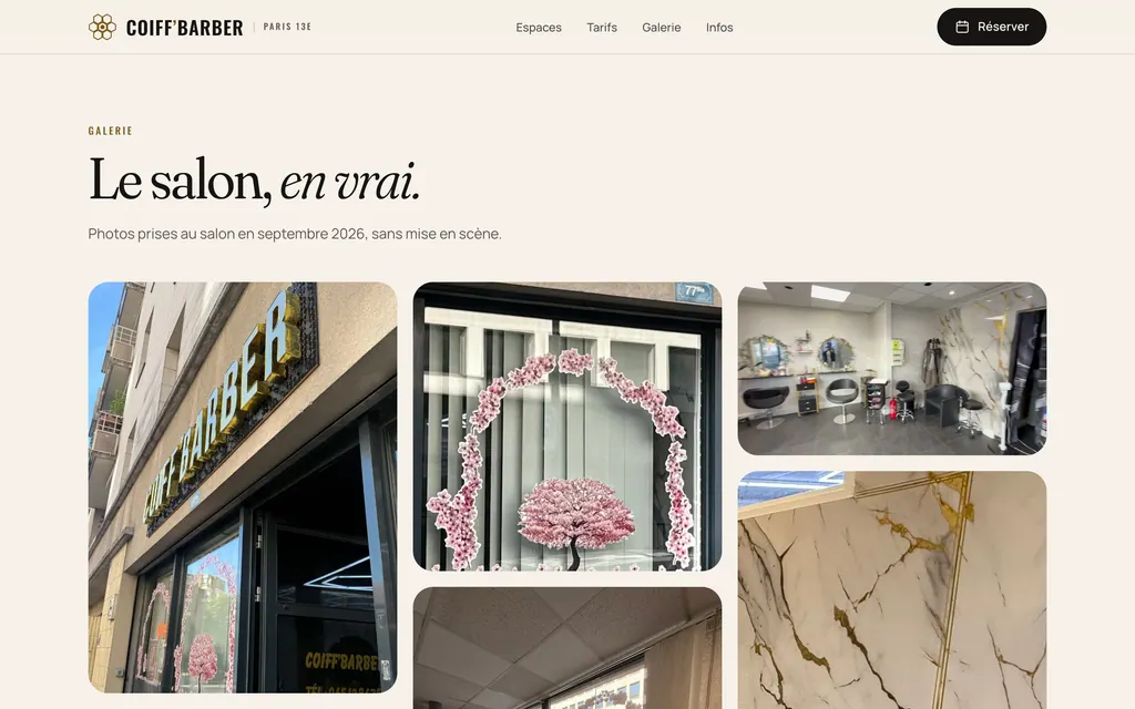 Section galerie avec photos de la devanture, de la vitrine fleurie et de l’intérieur