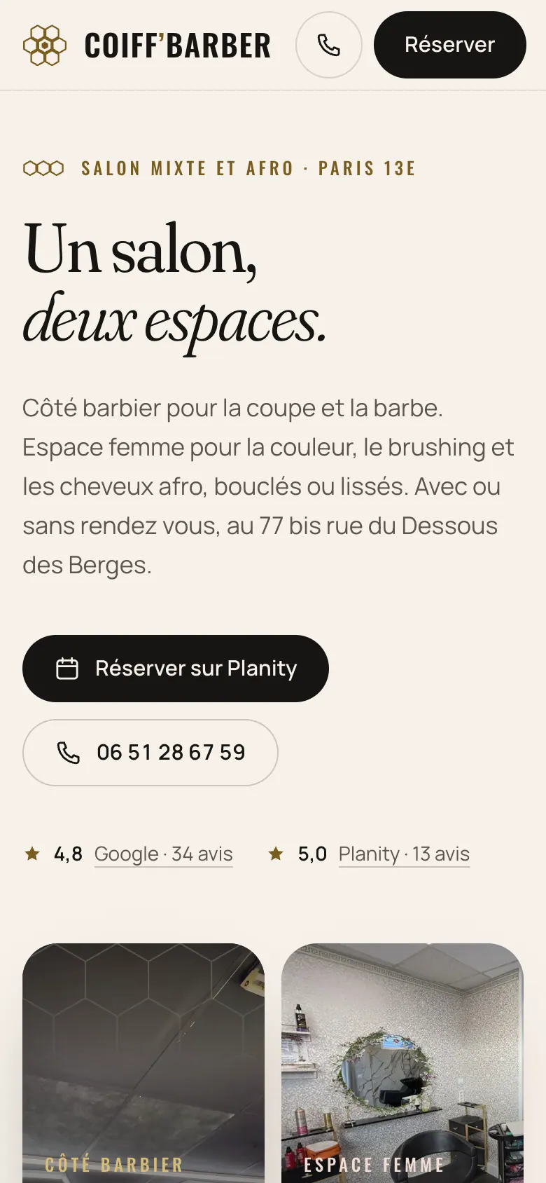Accueil mobile : titre, réservation Planity, appel, notes et haut des photos des deux espaces