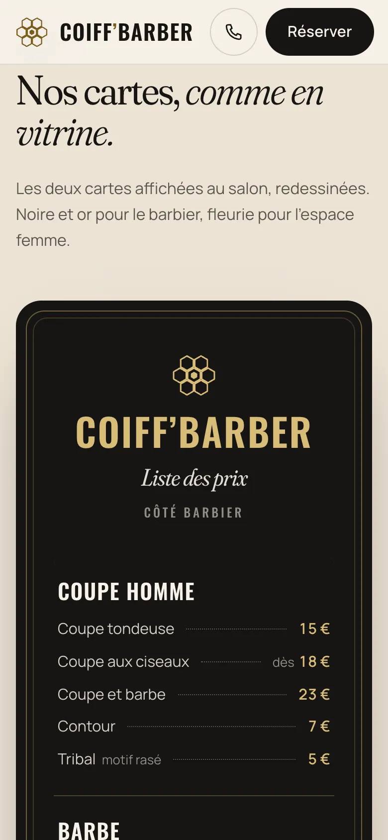 Titre des tarifs puis carte du barbier sur mobile, noire et or, rubrique coupe homme