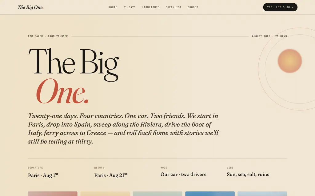 Accueil éditorial : titre The Big One, dates du voyage, mode de transport et ambiance