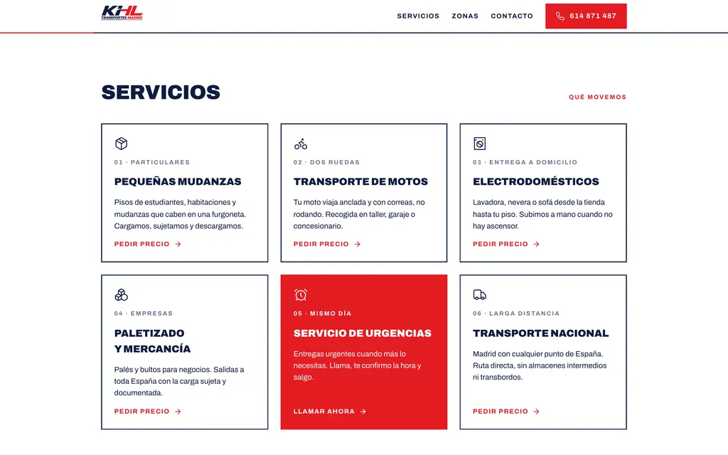 Grille de six services avec icônes au trait, descriptions courtes et liens de demande de prix ou d’appel