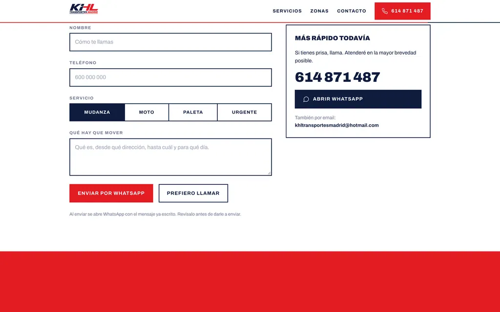 Formulaire de devis : nom, téléphone, service et détails, envoyé par WhatsApp, à côté du contact