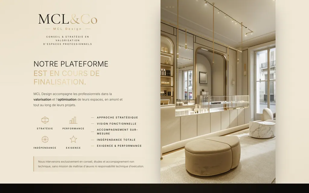 Accueil avec logo MCL&Co, plateforme annoncée en cours de finalisation, quatre valeurs et visuel de boutique