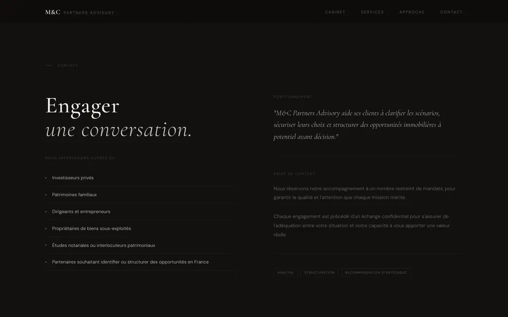 Section contact : profils de clients visés, citation de positionnement et trois mots clés