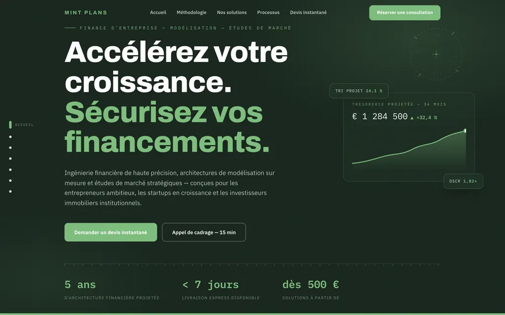 Accueil sombre avec titre, boutons devis et appel, courbe de trésorerie projetée et chiffres clés