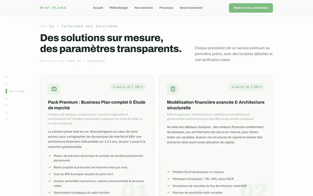 Catalogue des solutions : deux offres avec prix de départ de 1 500 € et 1 200 €