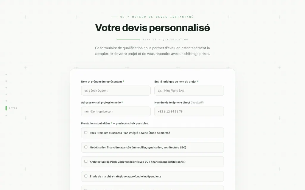 Formulaire de devis vide : nom, entité, email, téléphone et choix des prestations