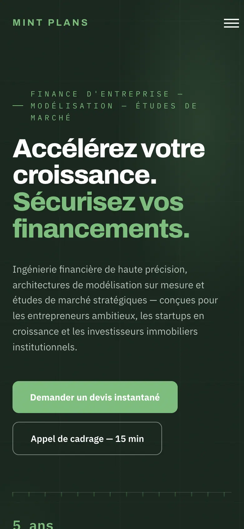 Accueil mobile avec titre, bouton de devis et bouton d’appel de cadrage