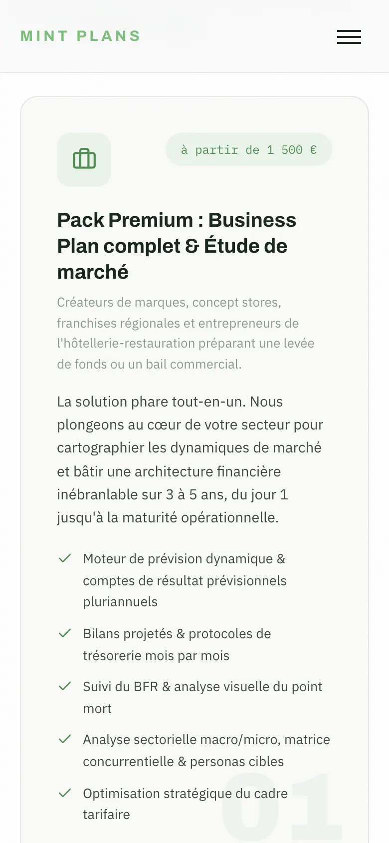 Fiche Pack Premium sur mobile avec prix de départ, clientèle visée et livrables