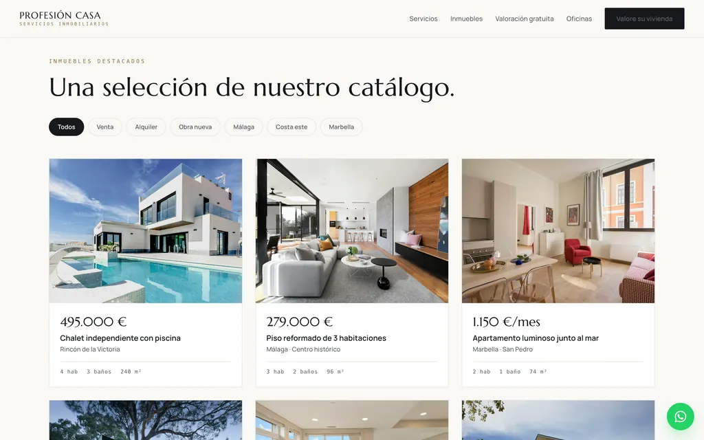 Catalogue de biens avec filtres vente, location, neuf et zone géographique