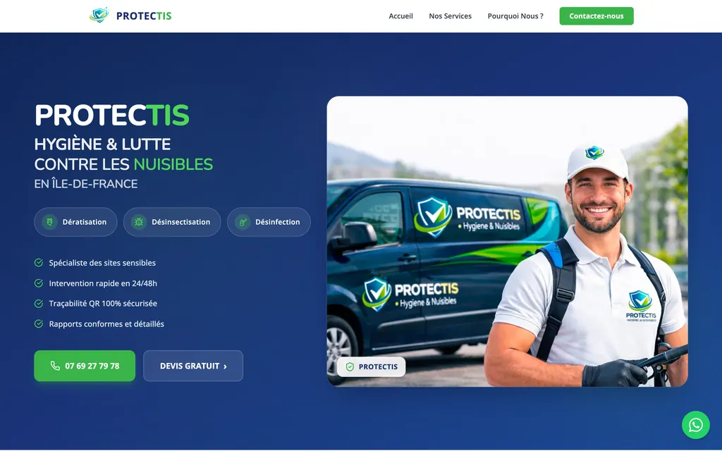 Accueil avec titre Protectis, trois services, quatre engagements, bouton d’appel et photo de technicien