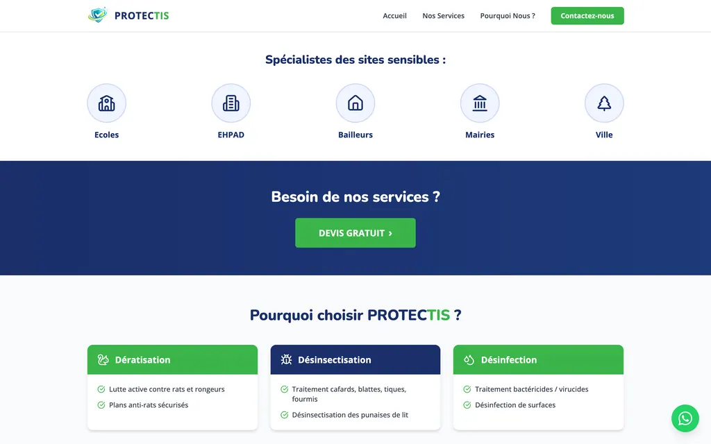 Sites sensibles en icônes, bandeau de devis gratuit et cartes des trois services