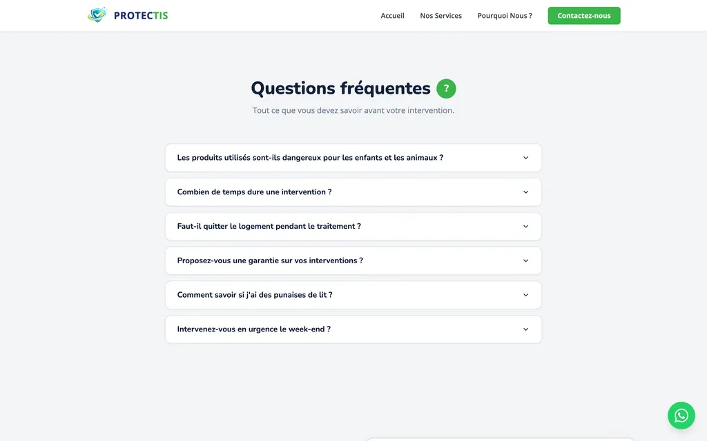 Section questions fréquentes avec six questions repliables sur les traitements et les interventions