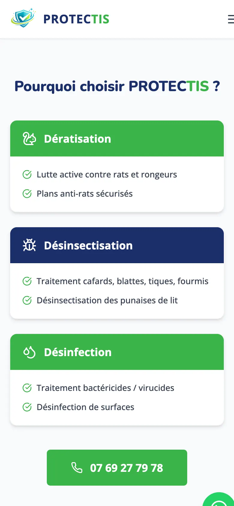 Cartes mobiles des trois services avec leurs prestations et bouton d’appel