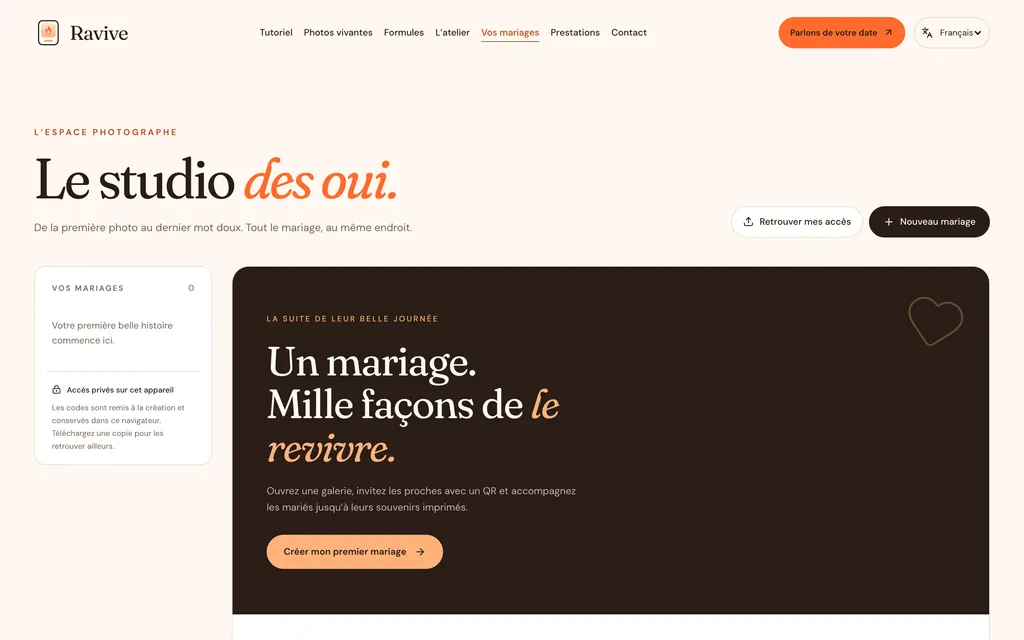 Espace photographe avec liste de mariages vide et bouton pour créer un premier mariage