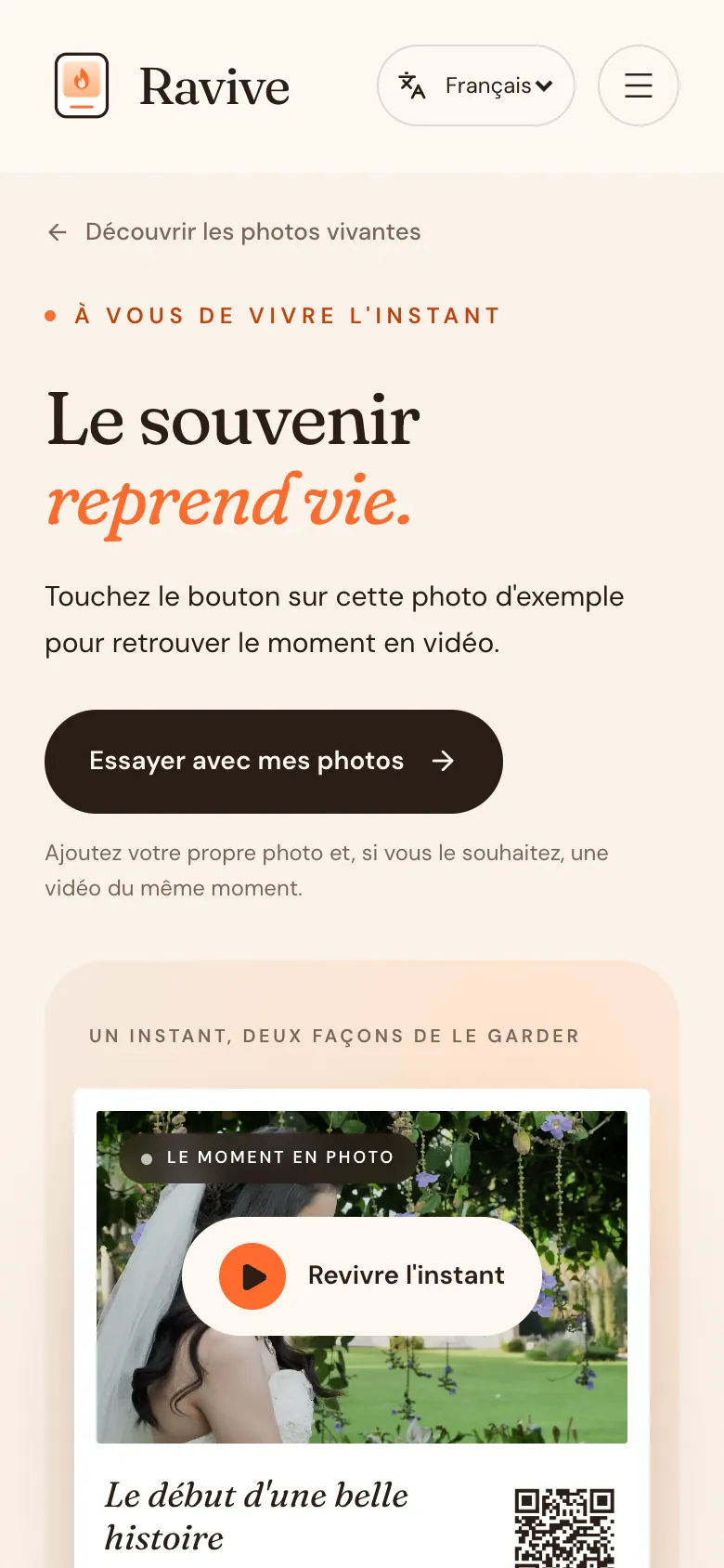 Page de démonstration mobile avec titre, bouton pour essayer avec ses propres photos et tirage d’exemple