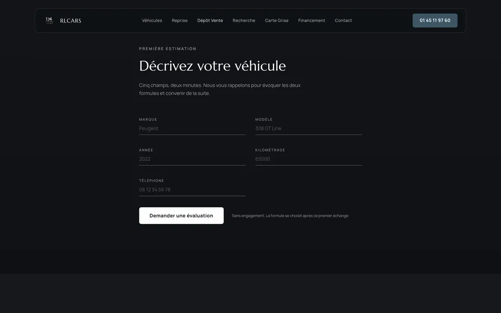 Formulaire d’estimation de la page dépôt vente, cinq champs vides et bouton d’évaluation