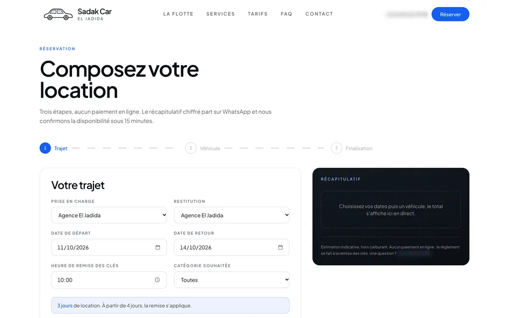 Réservation, étape un : lieux, dates, heure de remise des clés et catégorie, récapitulatif encore vide