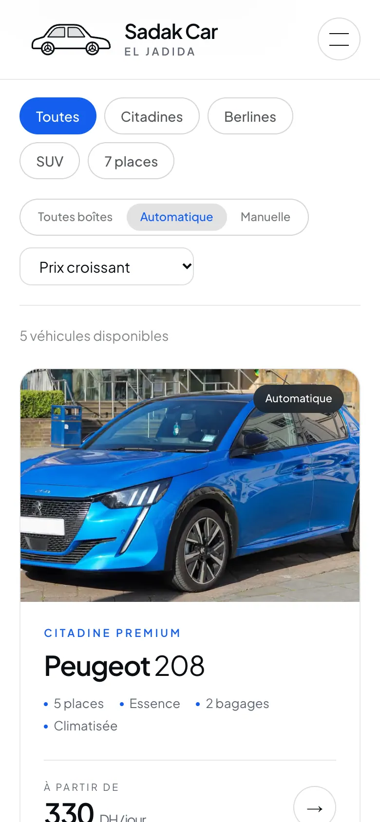 Flotte sur mobile : filtres de catégorie et de boîte, tri par prix, puis première fiche véhicule