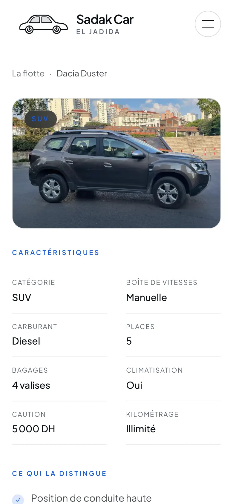 Fiche mobile du Dacia Duster : photo, boîte, carburant, places, bagages, climatisation, caution, kilométrage
