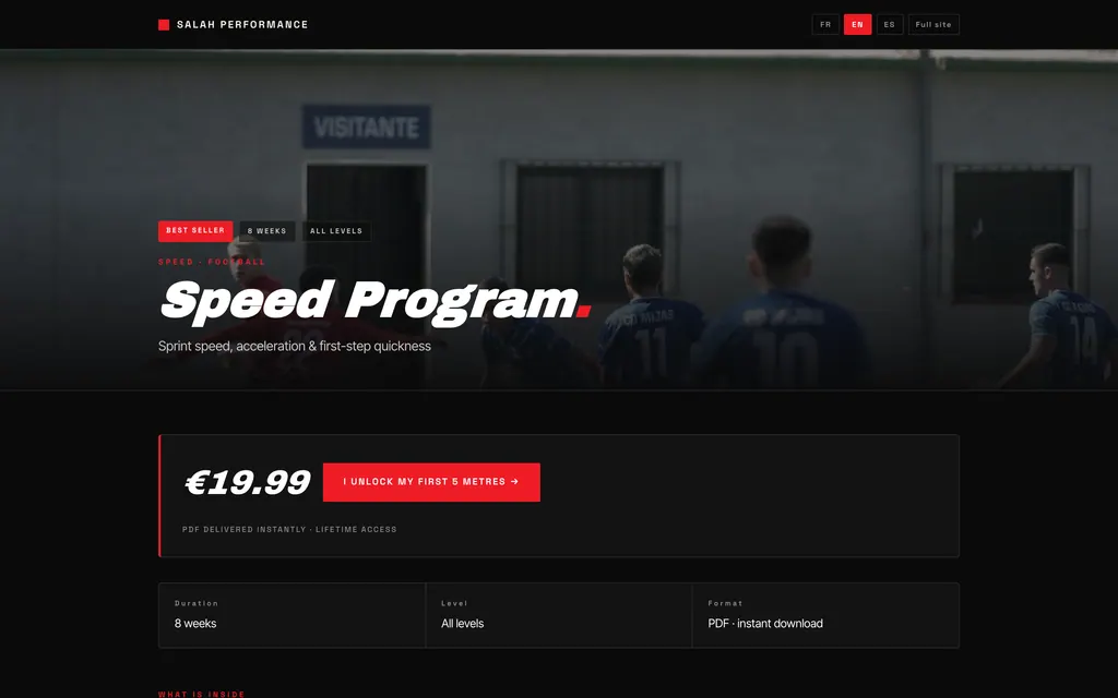 Page du programme vitesse avec prix, bouton d’achat, durée, niveau et format