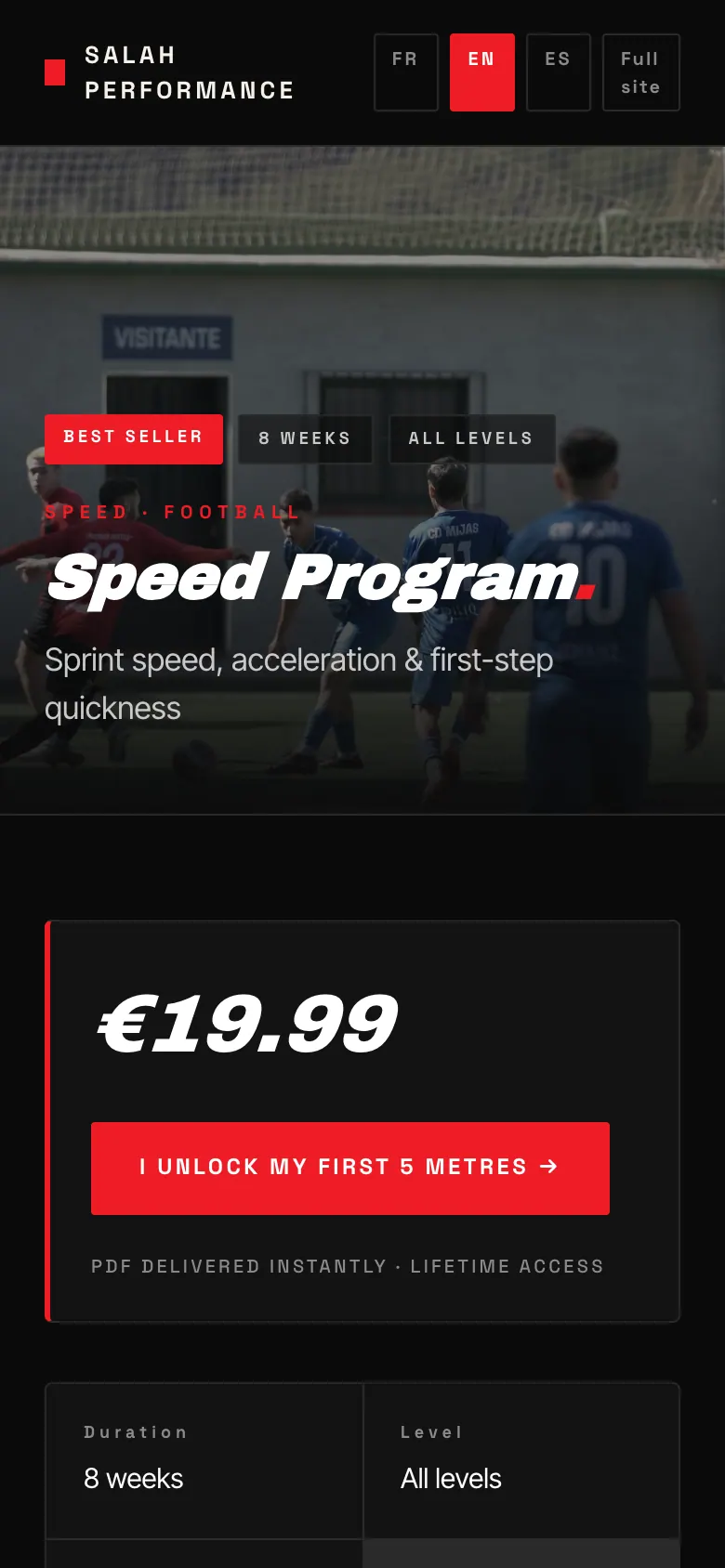Page mobile du programme vitesse avec badges, prix et bouton d’achat