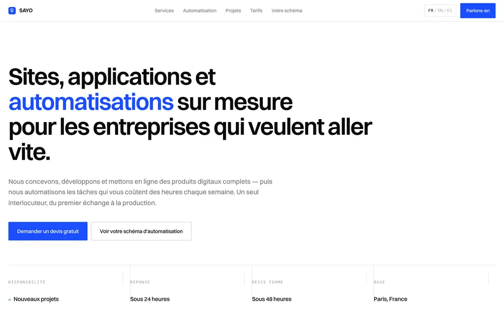 Accueil SAYO : titre sur les sites, applications et automatisations, deux boutons et quatre repères