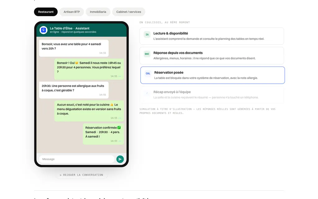 Démo d’assistant WhatsApp simulé pour un restaurant, avec les étapes en coulisses à droite