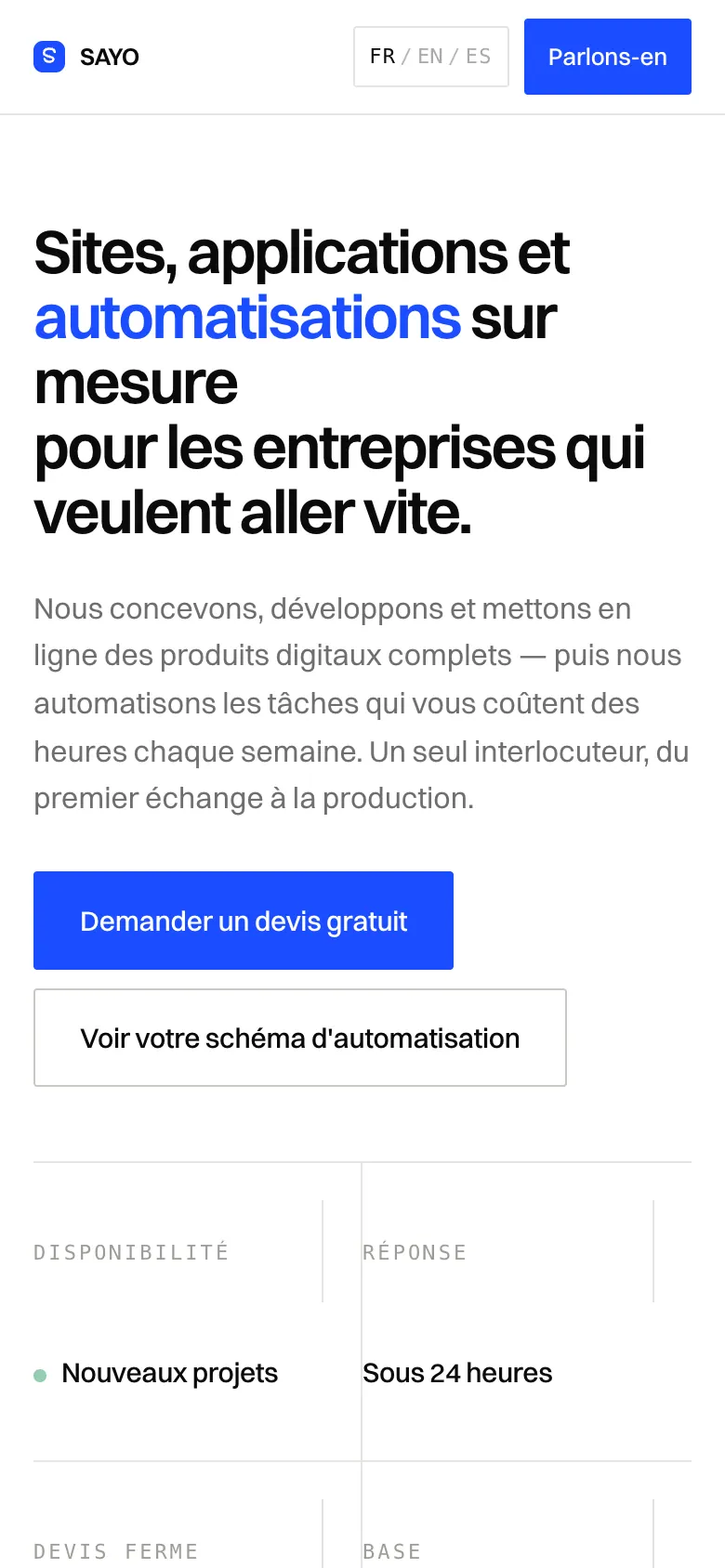 Accueil mobile avec titre, texte d’accroche, deux boutons et premiers repères