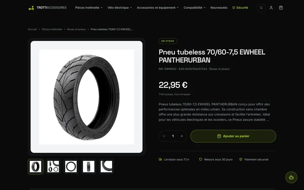 Fiche produit d’un pneu tubeless avec galerie, prix TVA incluse et bouton d’ajout au panier
