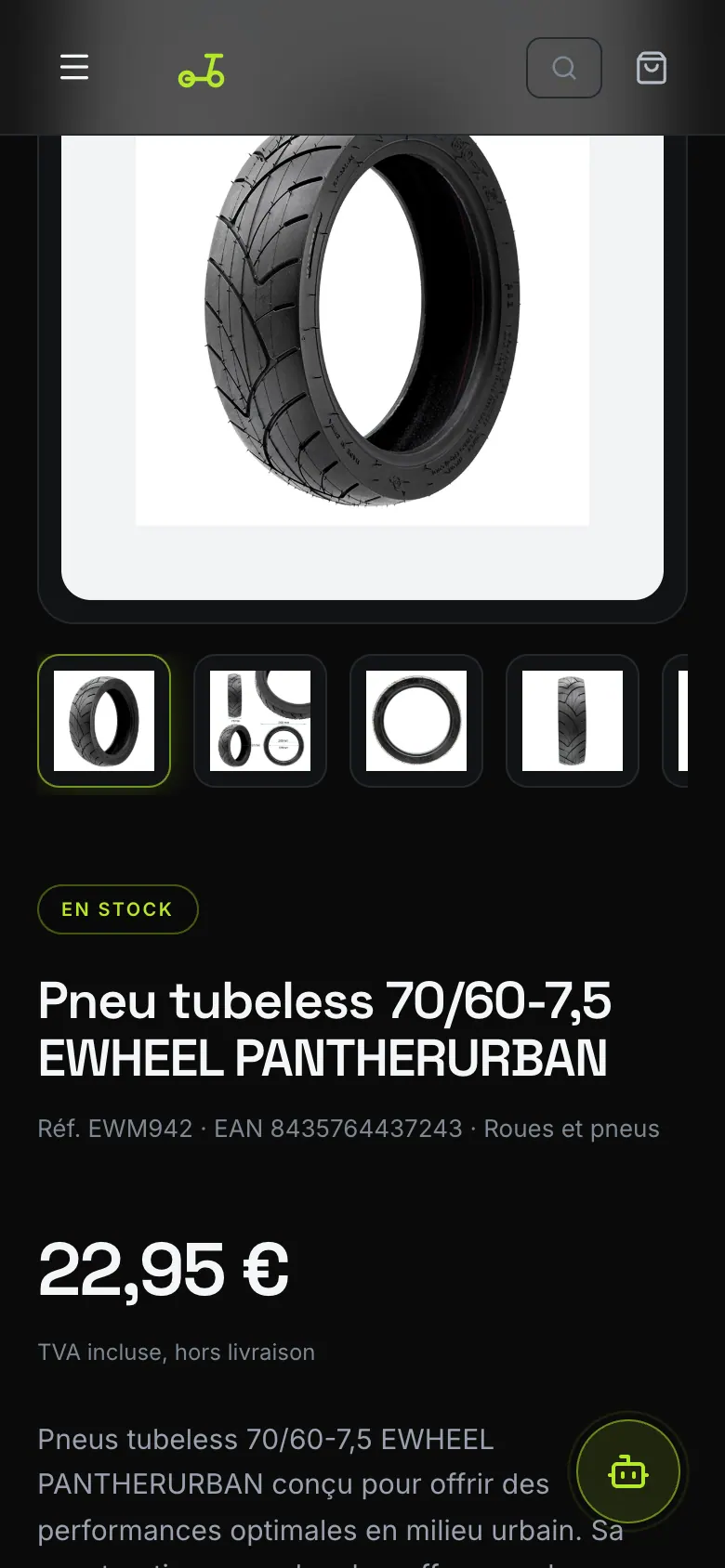 Fiche produit mobile avec photo du pneu, miniatures, badge en stock, titre et prix